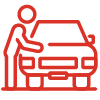 A red line drawing of a person standing next to a car