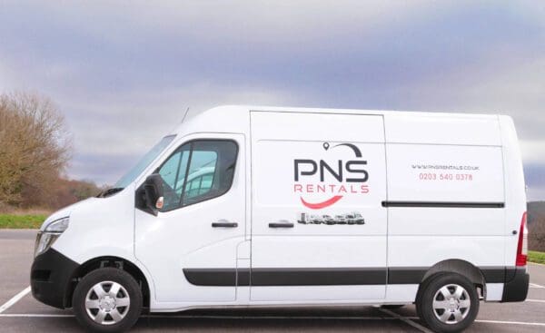 A white van with the pns rental logo on it.