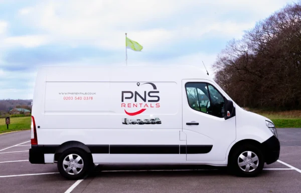 A white van with the pns rental logo on it.