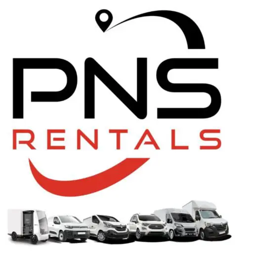 Pns rentals logo with a truck and cars in the background